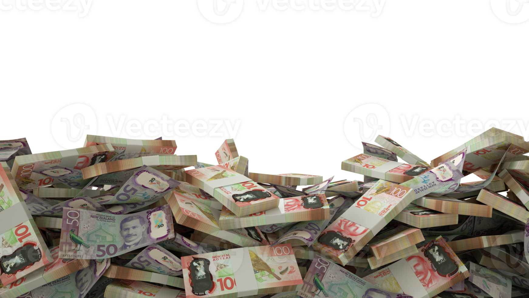 3D rendering of A lot of stacks of New Zealand dollar notes spread at the on bottom of screen. 3d rendering png