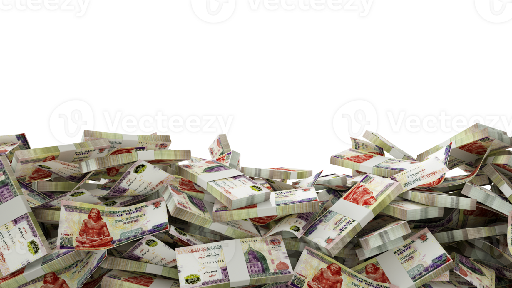 3D rendering of A lot of stacks of Egyptian pound notes spread at the on bottom of screen. 3d rendering png