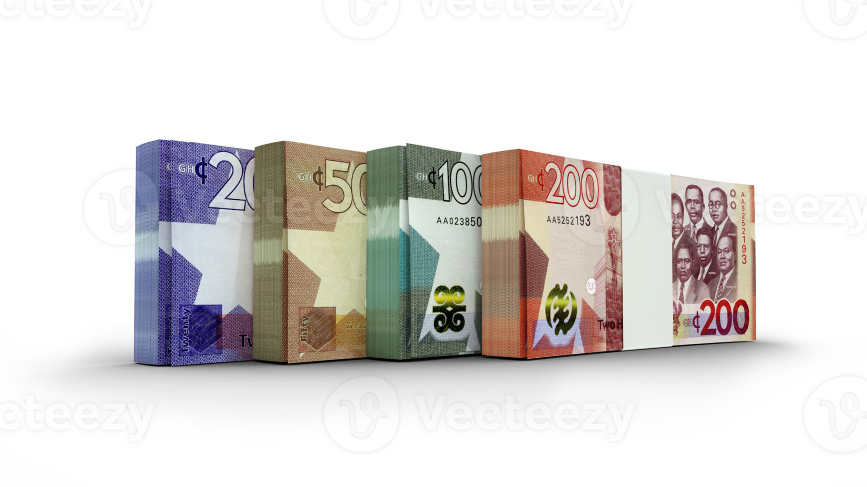 3d rendering of Stacks of Ghanaian cedi notes in various denominations. bundles of currency notes isolated on transparent background png