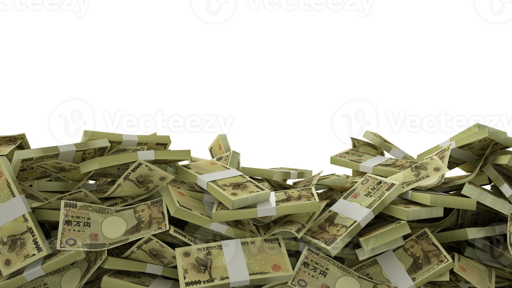 3D rendering of A lot of stacks of Japanese yen notes spread at the on bottom of screen. 3d rendering png