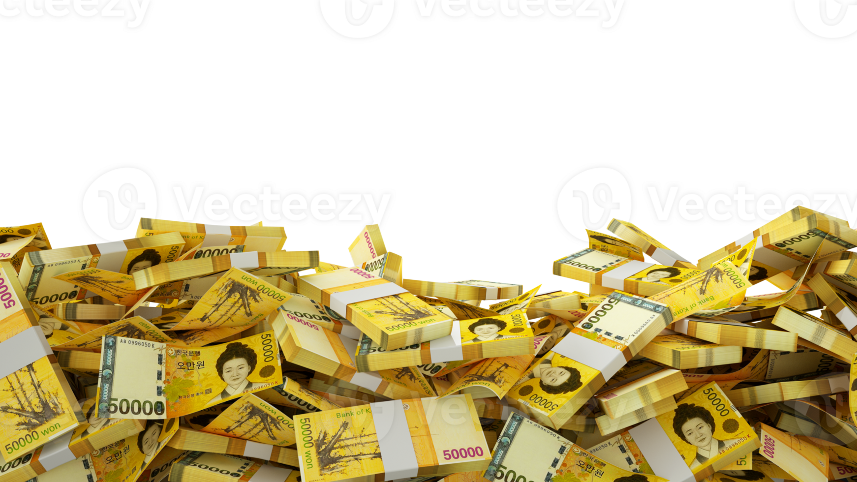3D rendering of A lot of stacks of South Korean won notes spread at the on bottom of screen. 3d rendering png