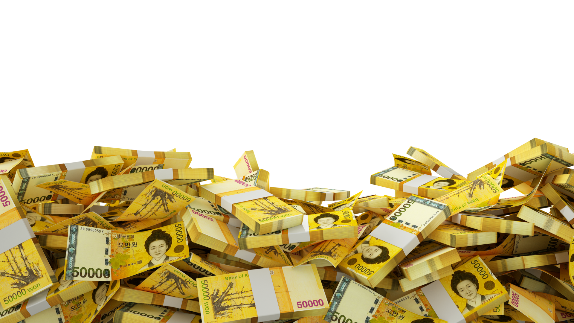 3D rendering of A lot of stacks of South Korean won notes spread at the on bottom of screen. 3d