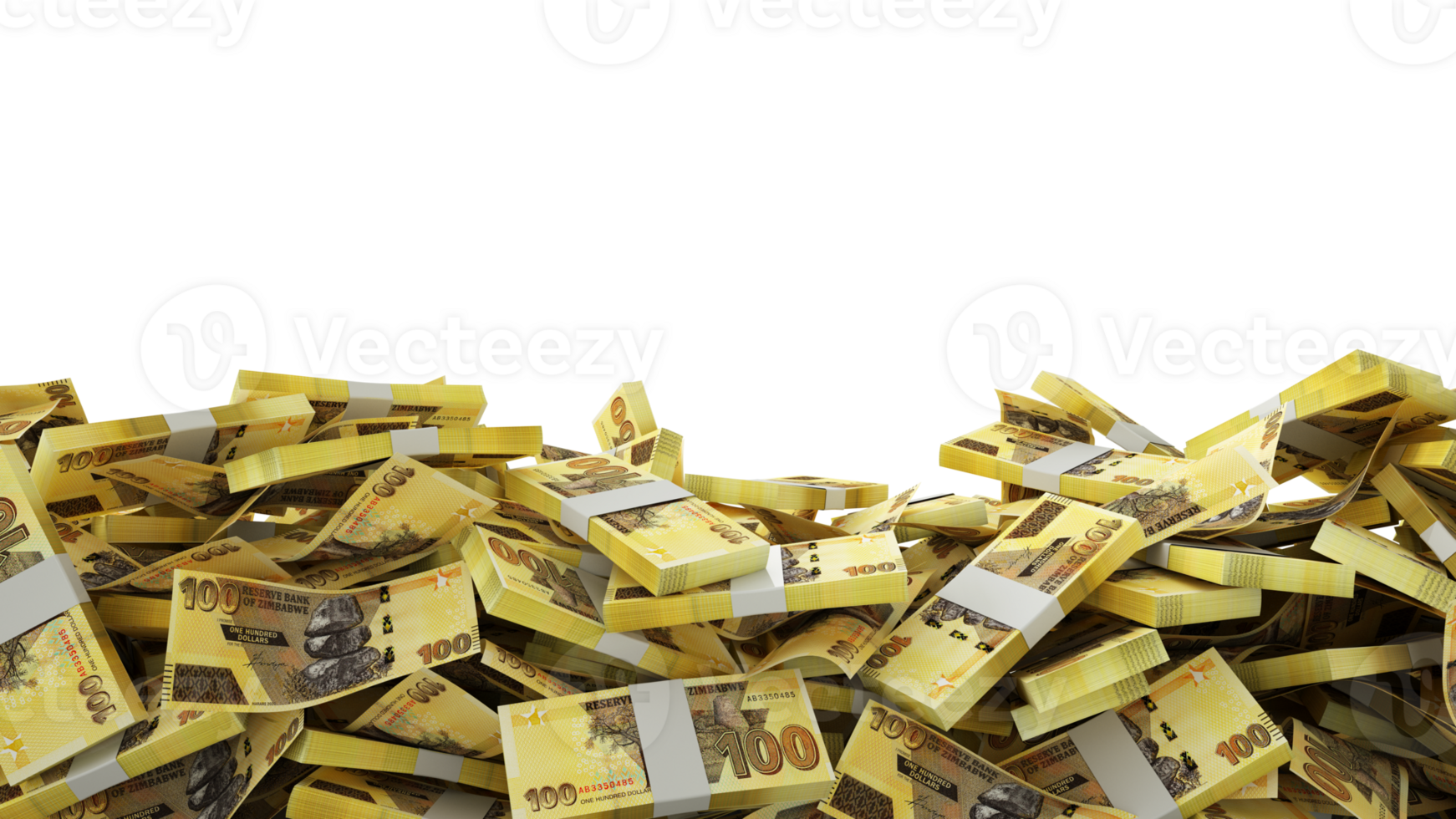 3d representación de un lote de pilas de zimbabuo dólar notas untado a el en fondo de pantalla. 3d representación png