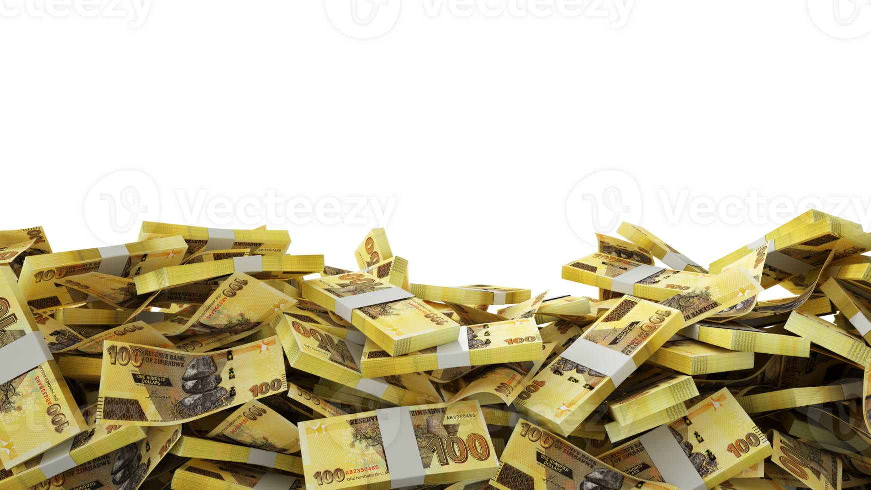 3D rendering of A lot of stacks of Zimbabwean dollar notes spread at the on bottom of screen. 3d rendering png