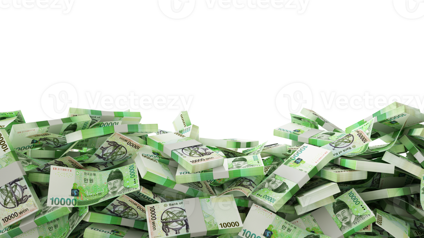 3D rendering of A lot of stacks of South Korean won notes spread at the on bottom of screen. 3d rendering png