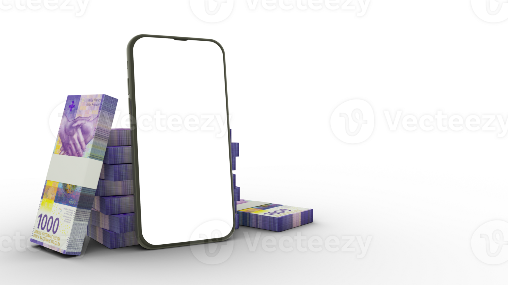 3D rendering of a mobile phone with  blank screen and stacks of Swiss Franc notes behind isolated on transparent background. png