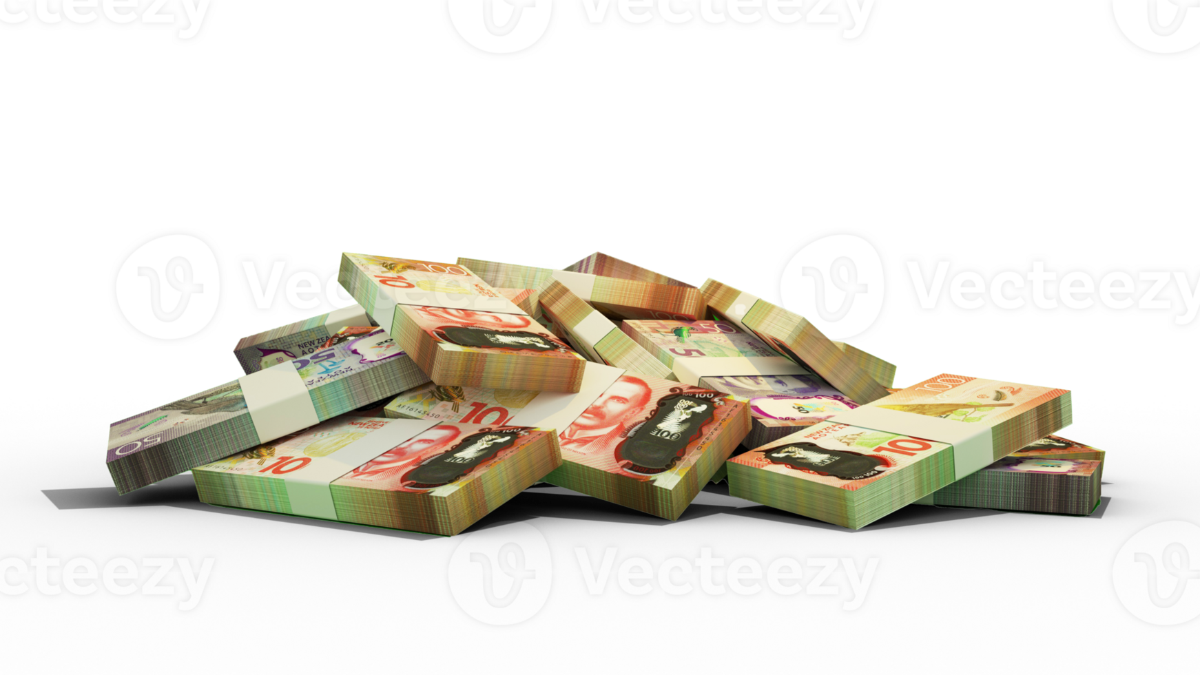 3D rendering of Stacks of 100 New Zealand dollar notes png