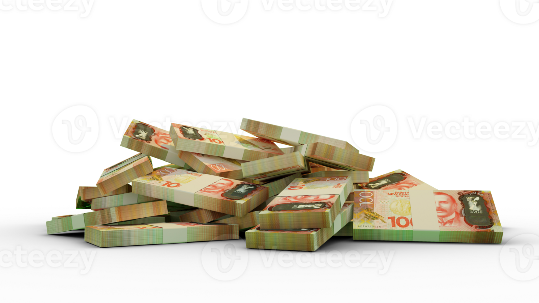3D rendering of Stacks of 100 New Zealand dollar notes png
