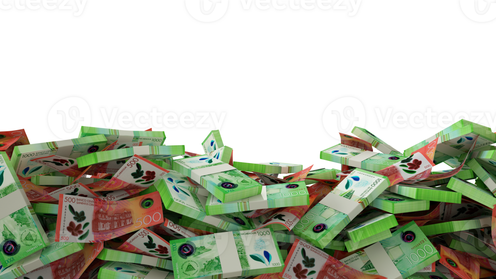 3D rendering of A lot of stacks of Nicaraguan Cordoba notes spread at the on bottom of screen. 3d rendering png