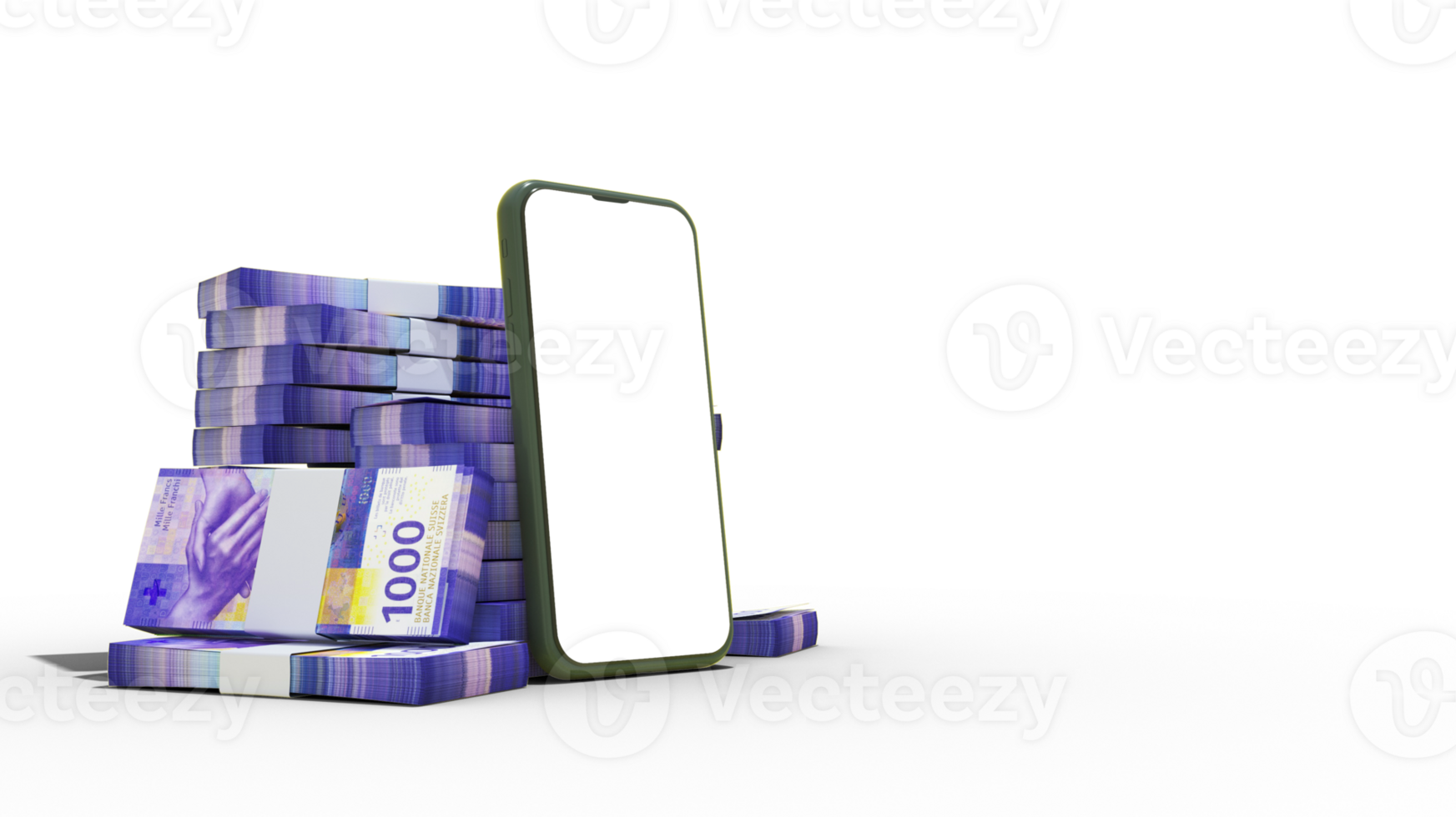 3D rendering of a mobile phone with  blank screen and stacks of Swiss Franc notes behind isolated on transparent background. png