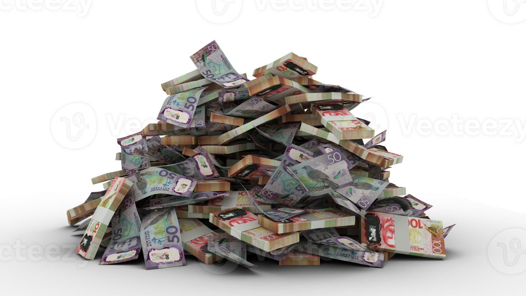 Big pile of 100 New Zealand dollar notes. A lot of money isolated on transparent background. 3d rendering of bundles of cash png