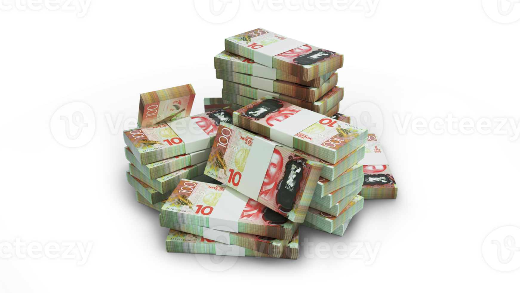 3d rendering of Stacks of 100 New Zealand dollar notes. bundles of New Zealand dollar notes isolated on transparent background png