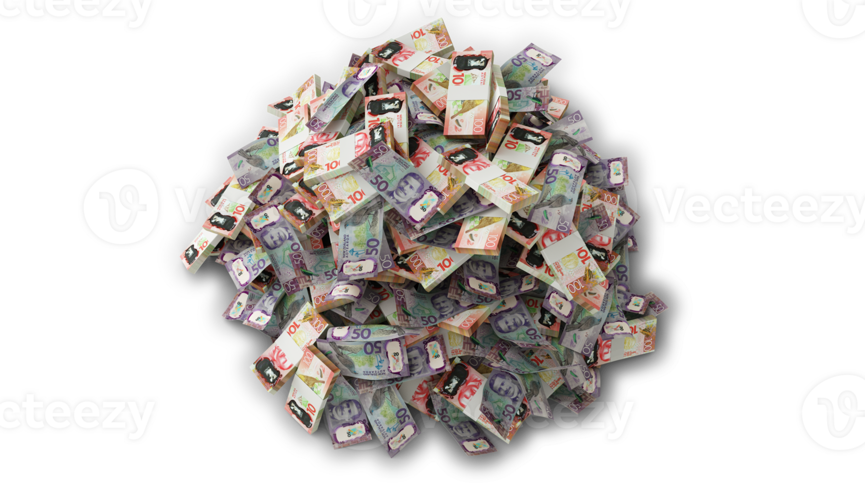 Top view of Big pile of 100 New Zealand dollar notes. A lot of money isolated on transparent background. 3d rendering of bundles of cash png