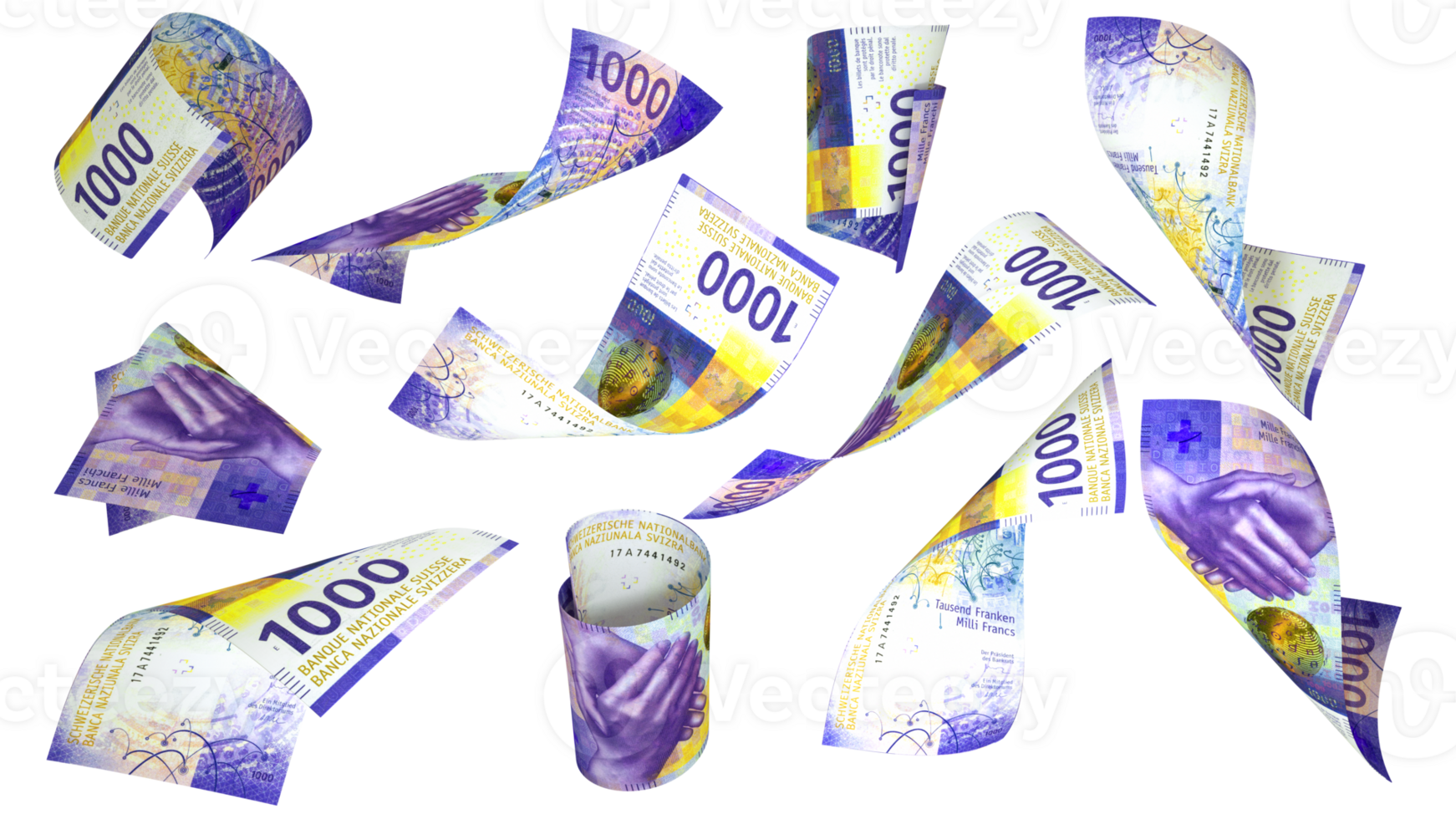 3D rendering of 1000 Swiss franc notes flying in different angles and orientations isolated on transparent background png