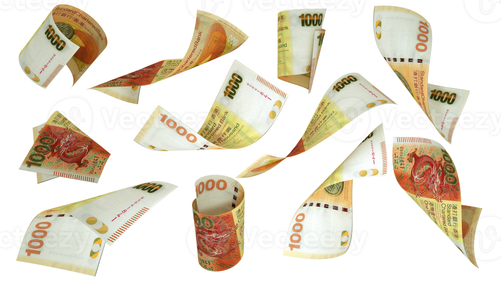 3D rendering of Hong Kong Dollar notes flying in different angles and orientations isolated on transparent background png