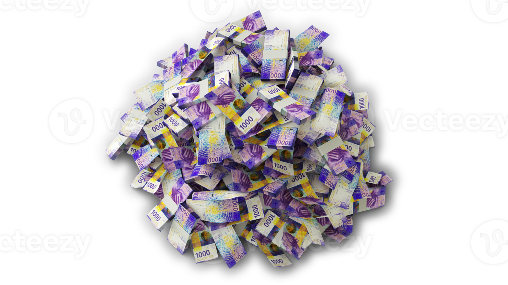 Top view of Big pile of 1000 Swiss Franc notes. A lot of money isolated on transparent background. 3d rendering of bundles of cash png