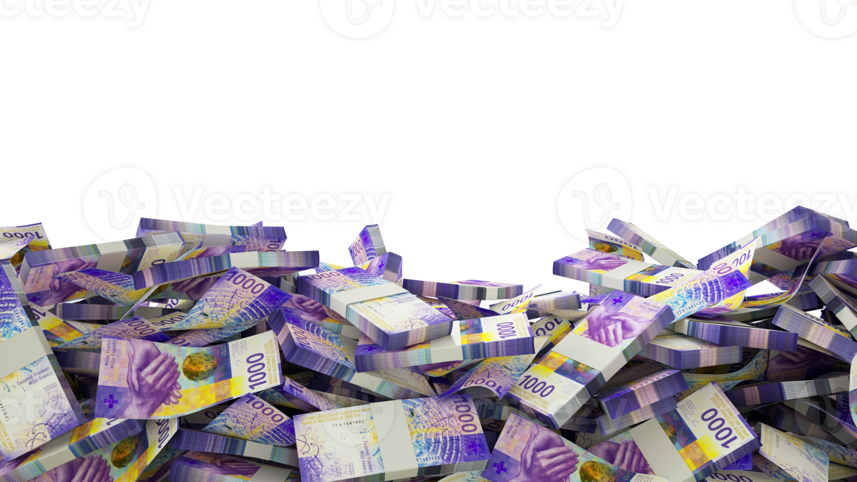 3D rendering of A lot of stacks of 1000 Swiss franc notes spread at the on bottom of screen. 3d rendering png