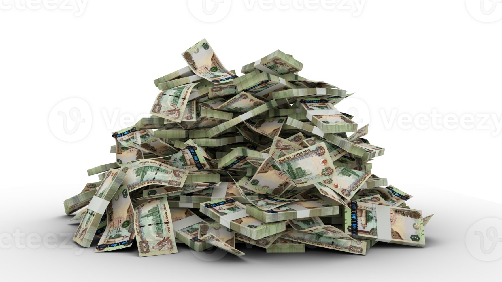 Big pile of united Arab Emirates dirham notes. A lot of money isolated on transparent background. 3d rendering of bundles of cash png