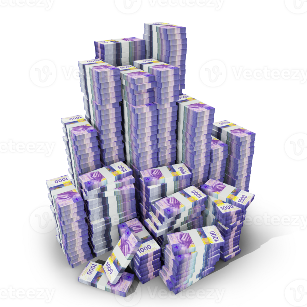 Big stacks of 1000 Swiss Franc notes. A lot of money isolated on transparent background. 3d rendering of bundles of arranged cash png