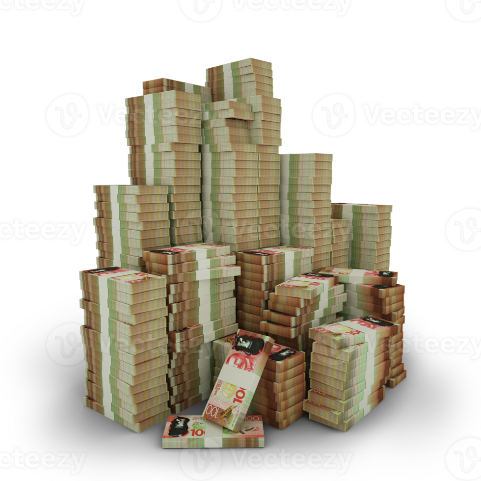 Big stacks of 100 New Zealand dollar notes. A lot of money isolated on transparent background. 3d rendering of bundles of arranged cash png
