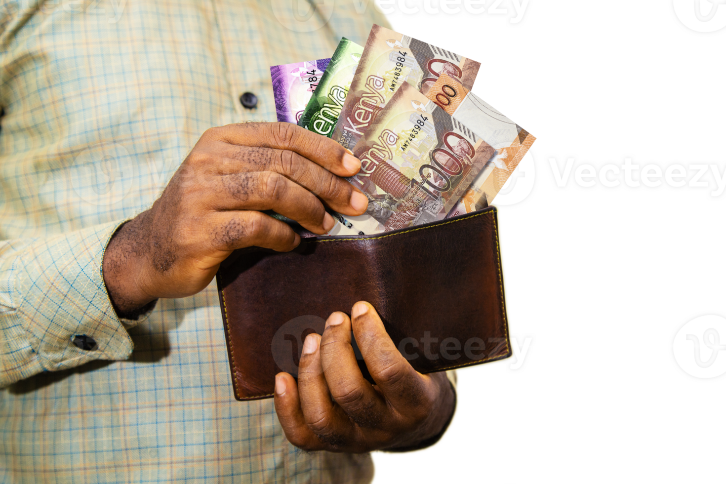 Black person Holding brown wallet With Kenyan shilling notes, hand removing money out of wallet over transparent background removing money from wallet png