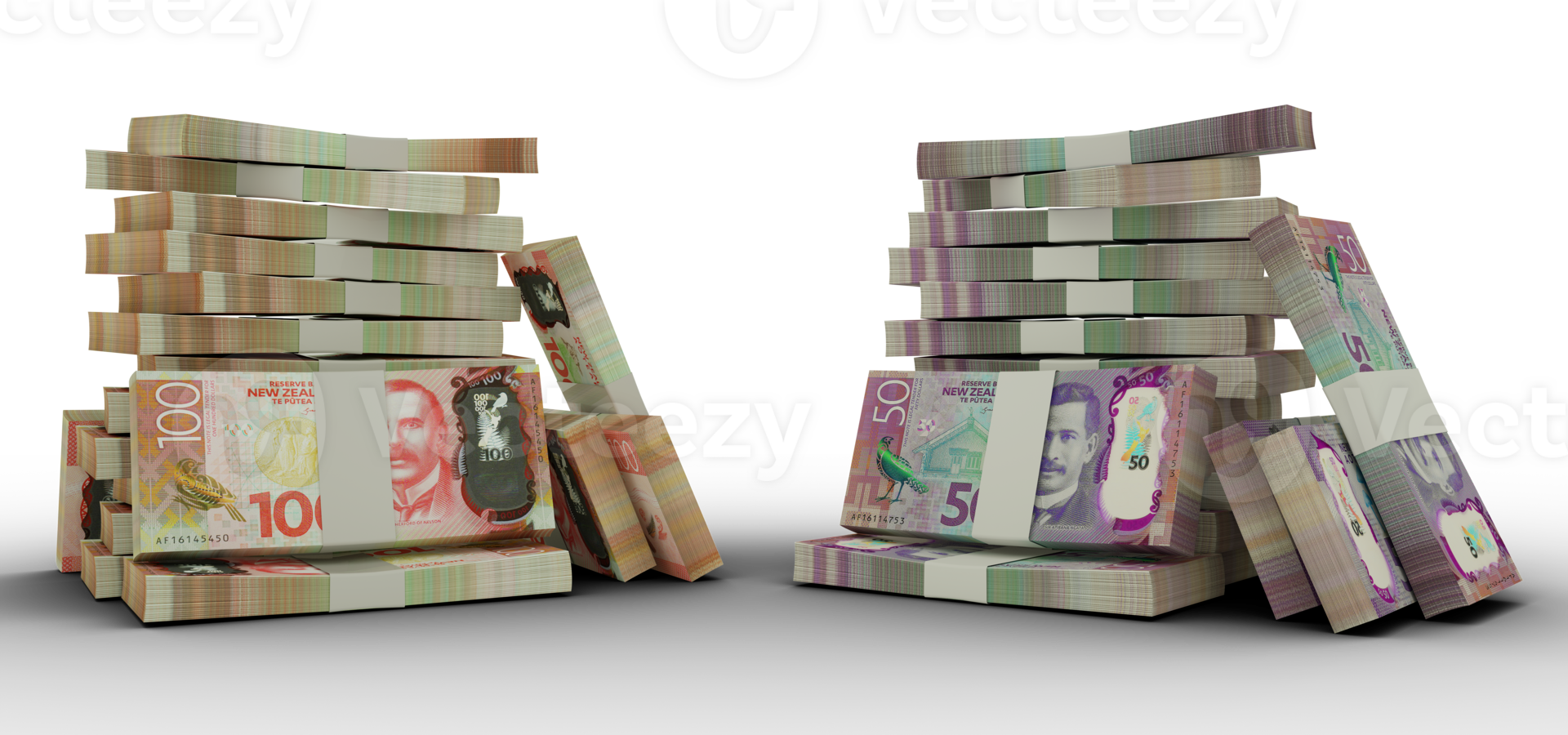 3d rendering of Stacks of 100 and 50 New Zealand dollar notes. bundles of New Zealand currency notes isolated on transparent background png