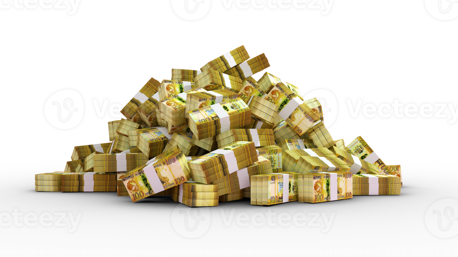 Big pile of bundles of Solomon Islands Dollar notes. 3d rendering of stacks of cash png