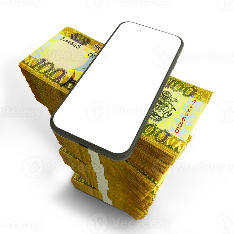 3D rendering of mobile phone with blank screen on top of stacks of Solomon Islands Dollar notes arranged in a long single column png
