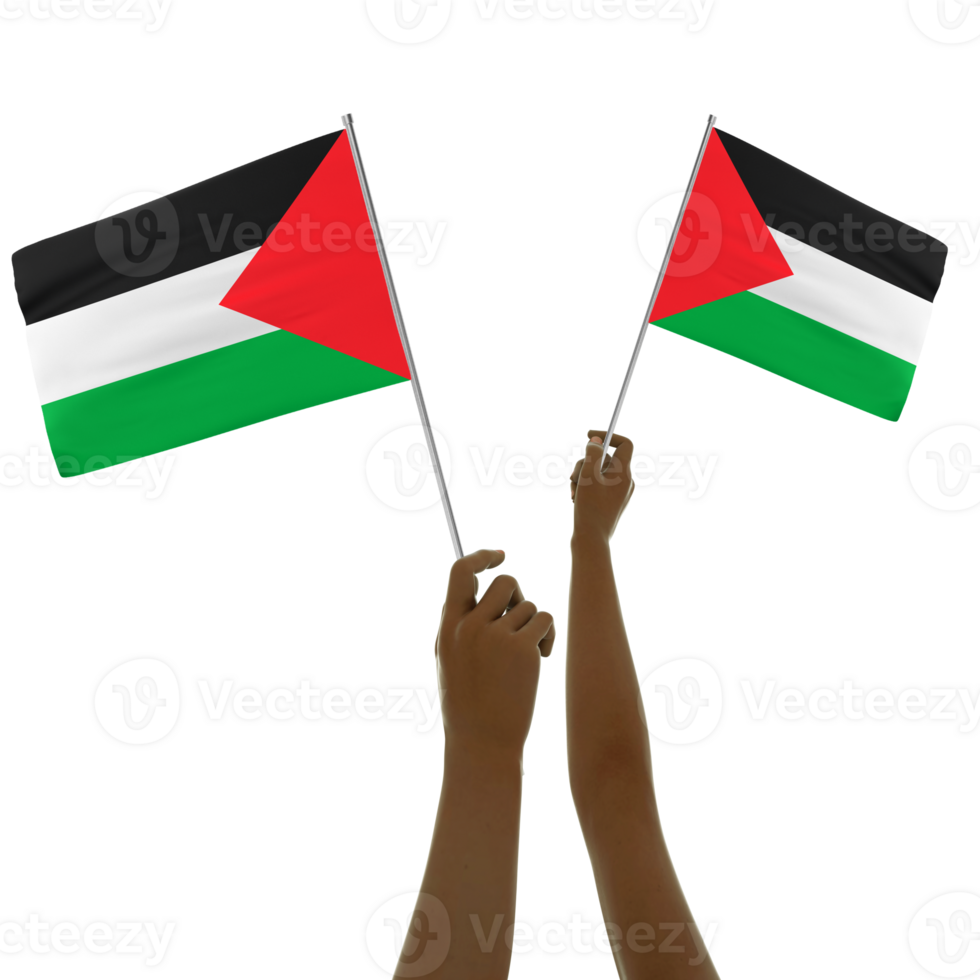 nero mano Tenere palestinese bandiera, mano sollevamento bandiera, mano raccolta bandiera, 3d interpretazione di impostato di mani Tenere bandiera isolato su trasparente sfondo png