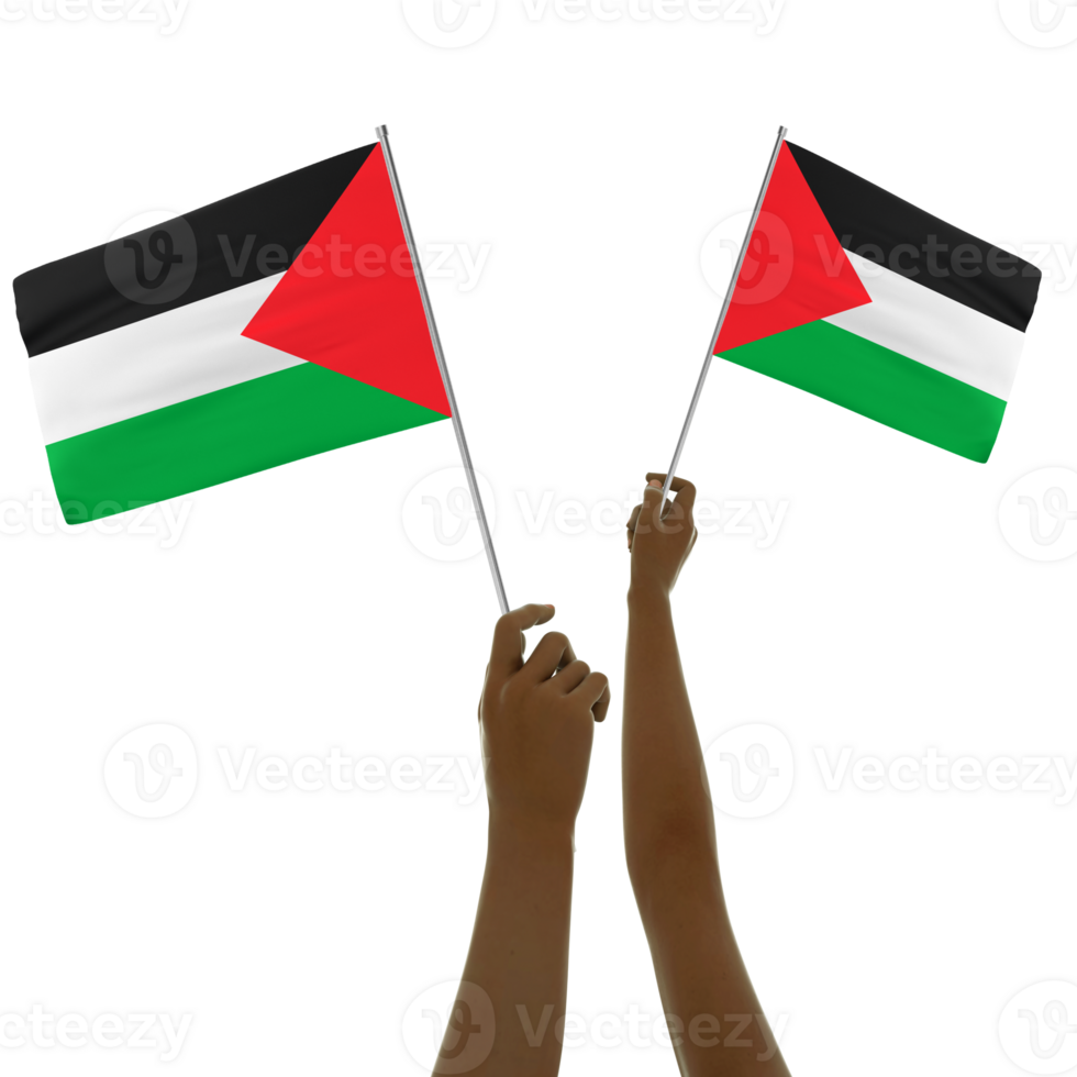 Black hand holding Palestinian flag, Hand lifting flag, Hand raising flag, 3d rendering of set of hands holding flag isolated on transparent background png