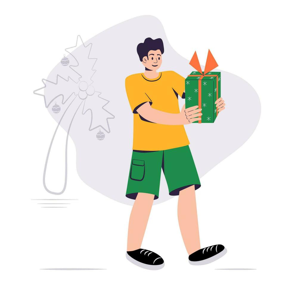 joven persona con Navidad regalo en sur. hombre en verano ropa con presente caja en el playa. caliente Navidad concepto ilustración. vector