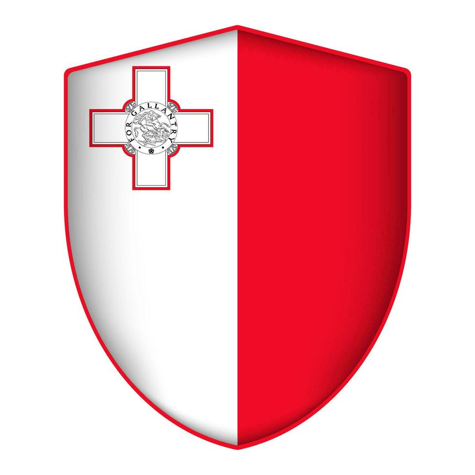 Malta flag in shield shape. Vector illustration.