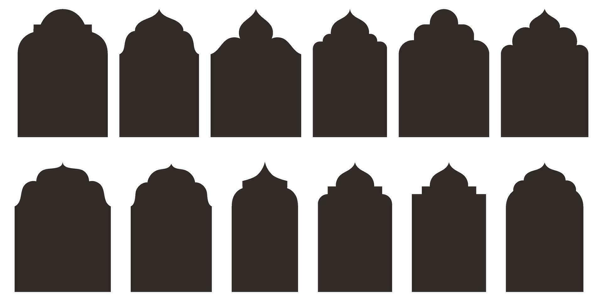 Exquisito islámico oriental puertas y arcos silueta forma recopilación. auténtico Arábica y musulmán arquitectónico marcos tradicional y oriental diseño elementos. vector