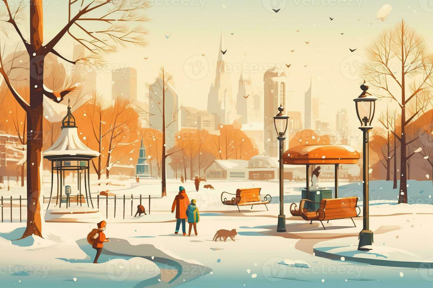 Retro illustration of a winter city park with children on swings photo