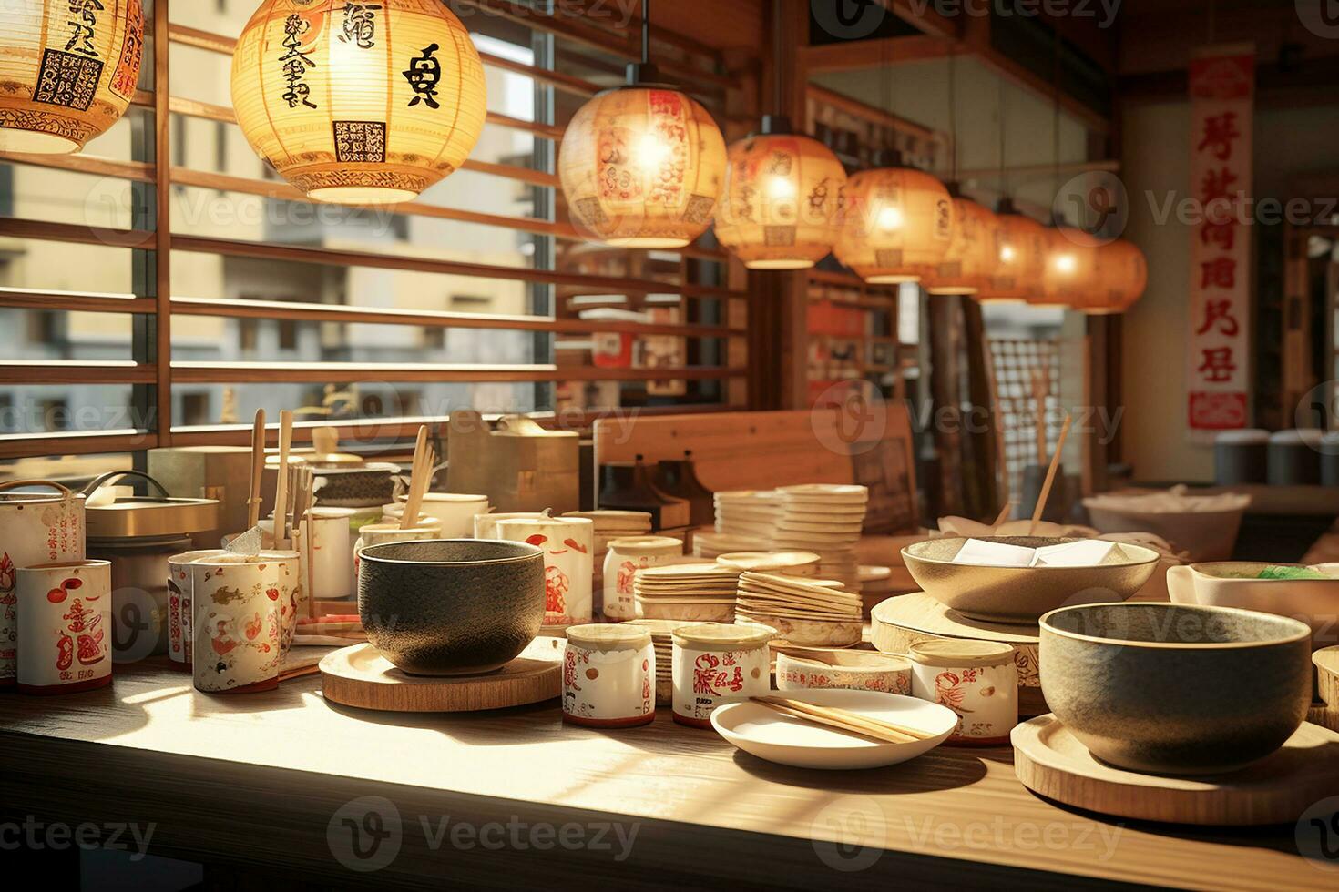 Ramen shop with bowls lined up, each showcasing a different ramen variety, japanese restaurant ambiance photo