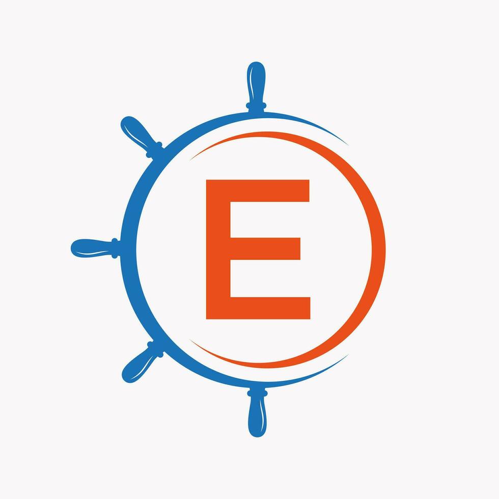 Letter E Ship Logo Concept With Ship Wheel Symbol Vector Template