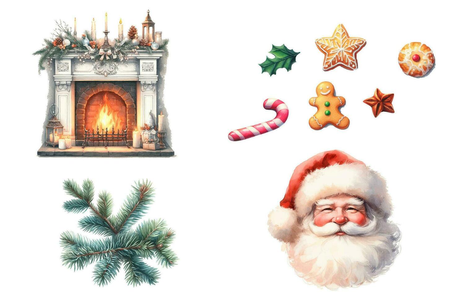 Set of Christmas watercolor elements. Holiday clipart for Christmas card, sticker and print. vector
