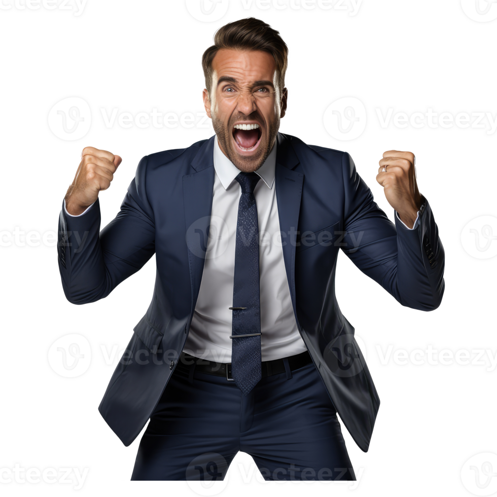man celebrating with arms raised suit business man . AI Generated png