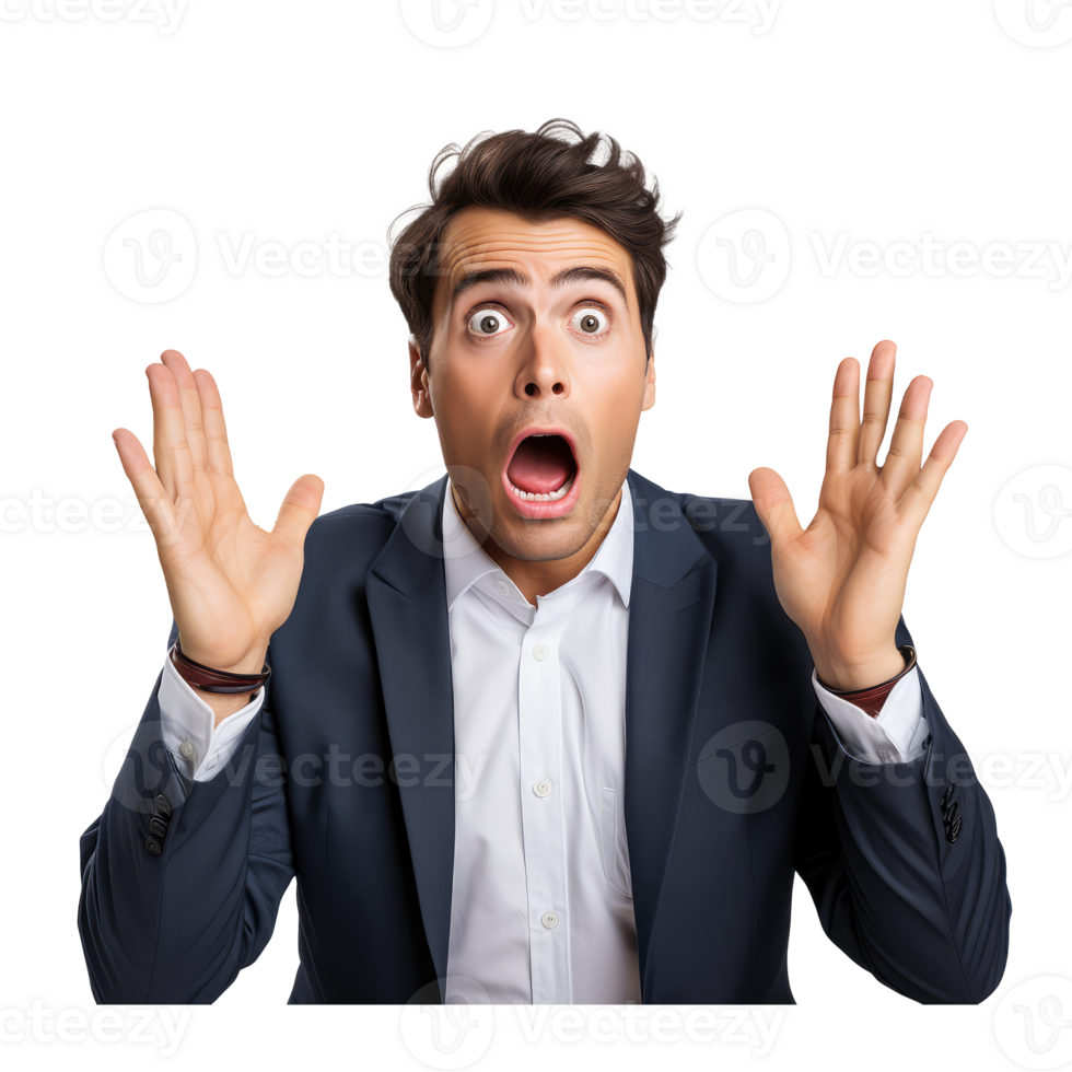 person wearing a suit, hands raised above their head, face facing forward, expression flustered . AI Generated png