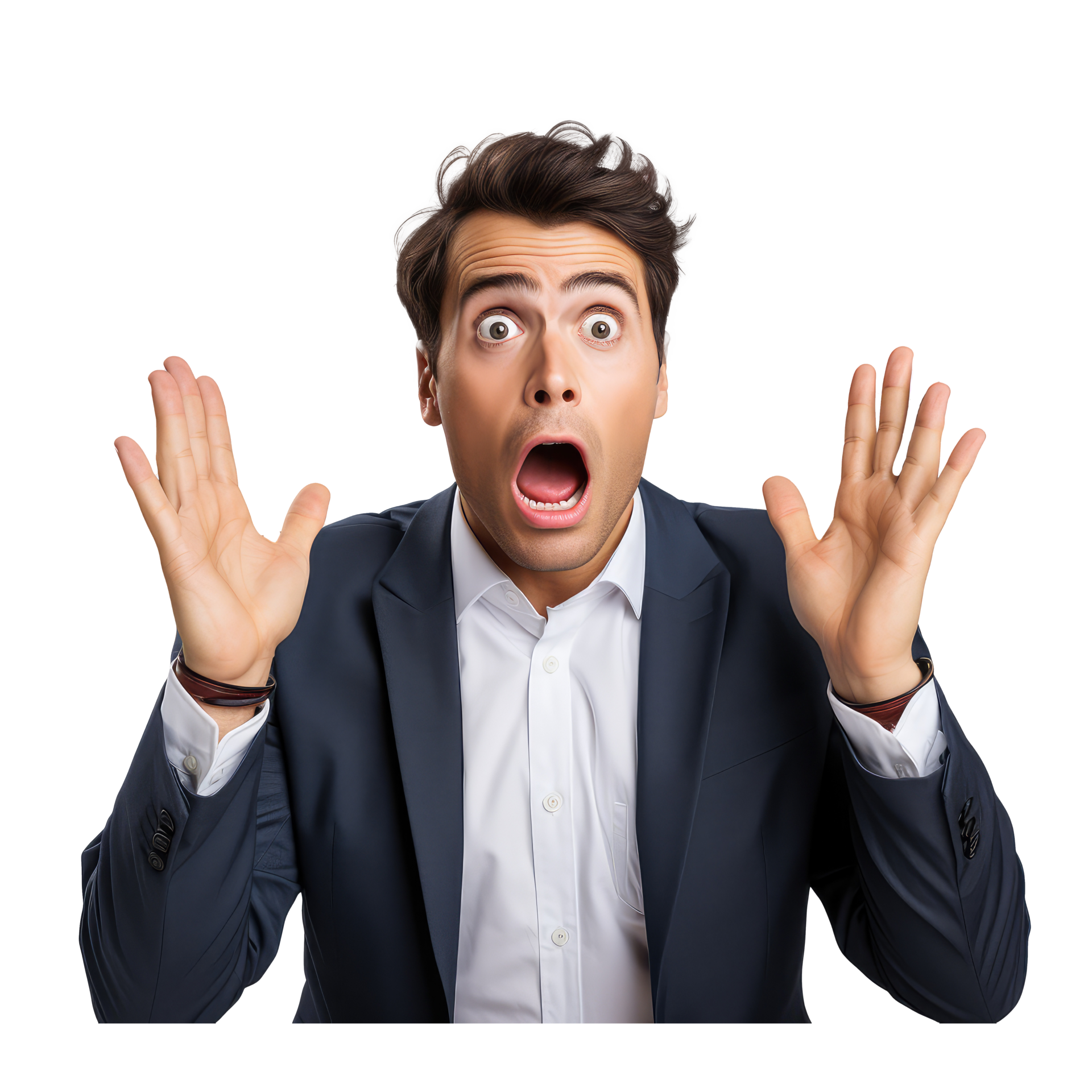 person wearing a suit, hands raised above their head, face facing forward, expression flustered