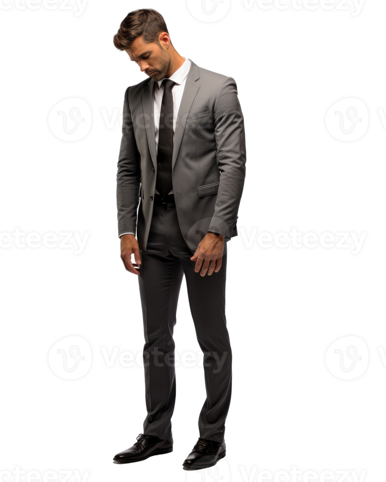 full body of 30 years old businessman looking down face down . AI Generated png