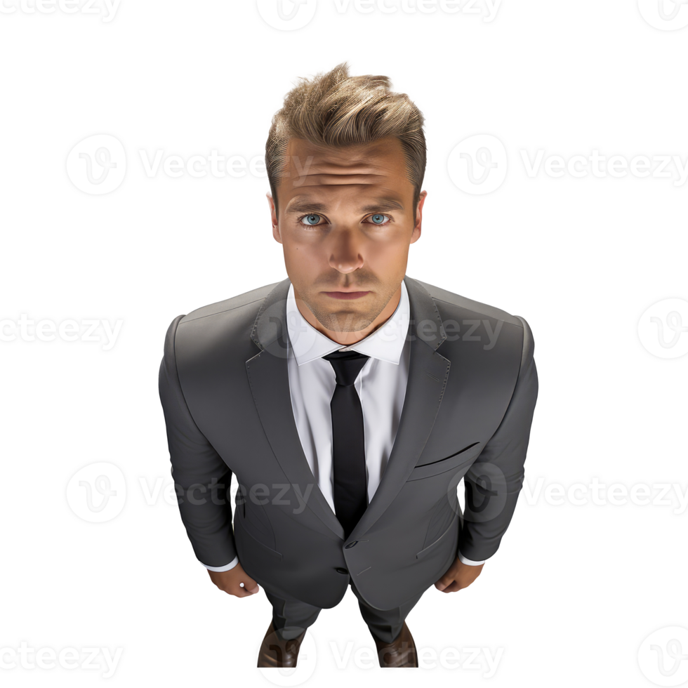 view from top of a standing business man, top of his head, looking front, top view . AI Generated png