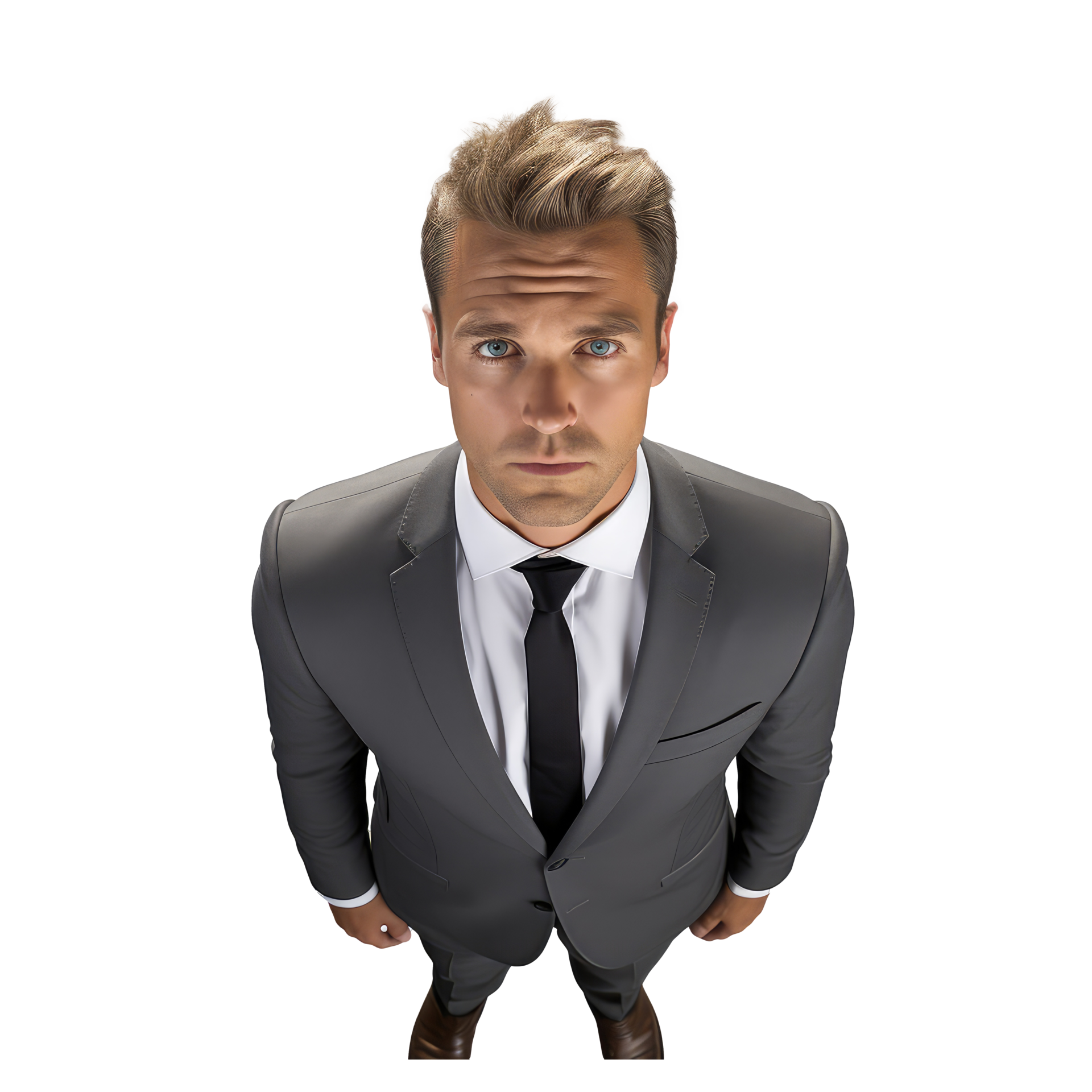 view from top of a standing business man, top of his head, looking ...