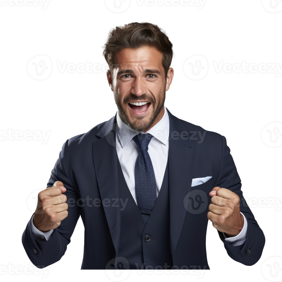 man celebrating with arms raised suit business man . AI Generated png