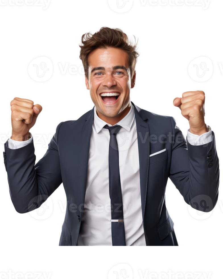 man celebrating with arms raised suit business man . AI Generated png