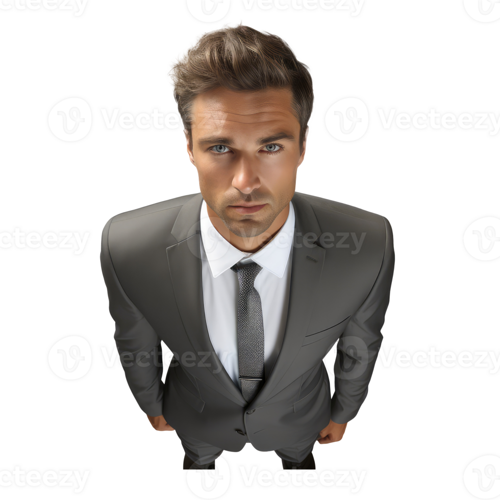 view from top of a standing business man, top of his head, looking front, top view . AI Generated png