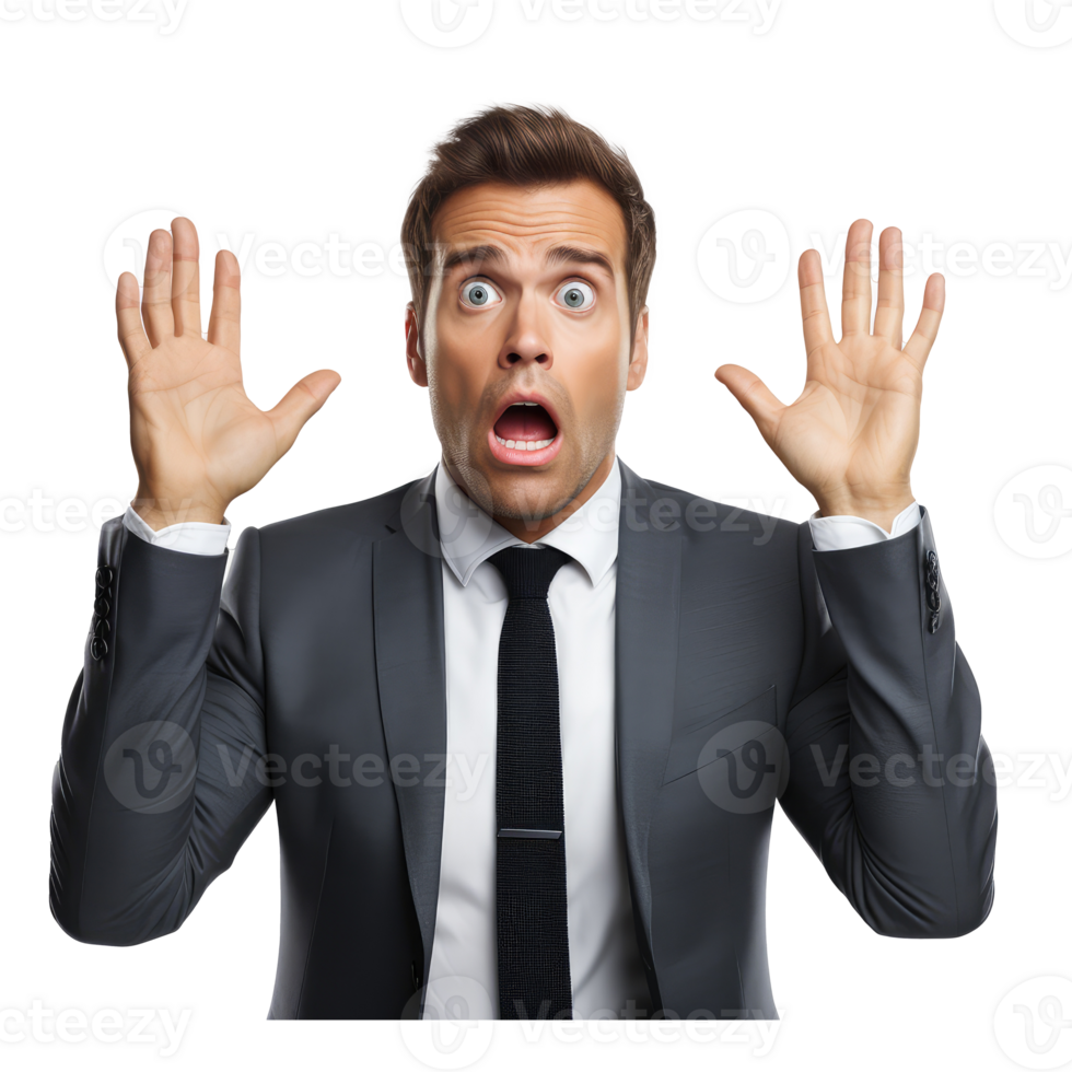 person wearing a suit, hands raised above their head, face facing forward, expression flustered . AI Generated png