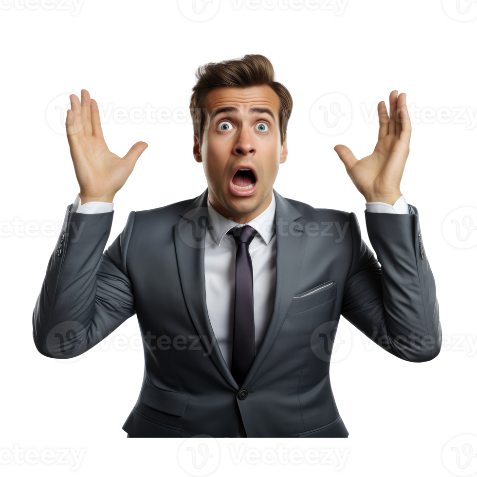 person wearing a suit, hands raised above their head, face facing forward, expression flustered . AI Generated png