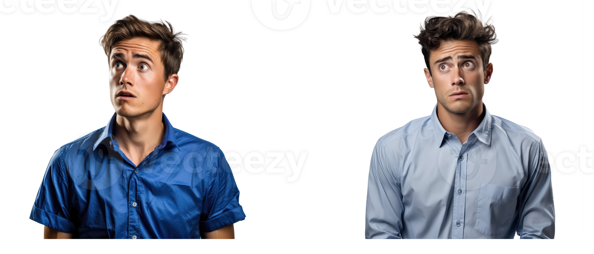 confused looking man in a blue shirt . AI Generated png