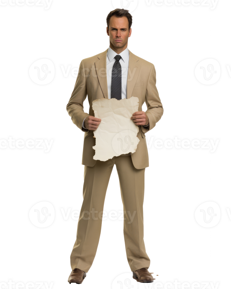 business man with a sad look on his face, He is holding a blank sign wearing suit . AI Generated png